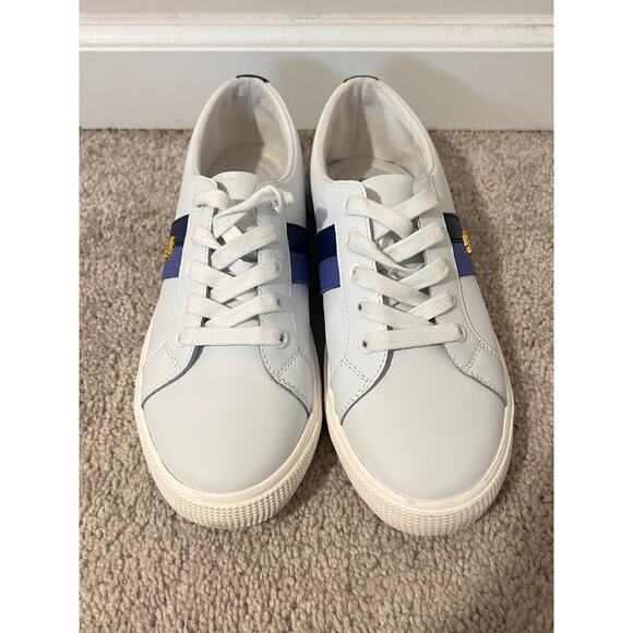 Lauren Ralph Lauren Janson II Leather Comfort Sneakers White/Blue Stripes 8.5 - Picture 3 of 10